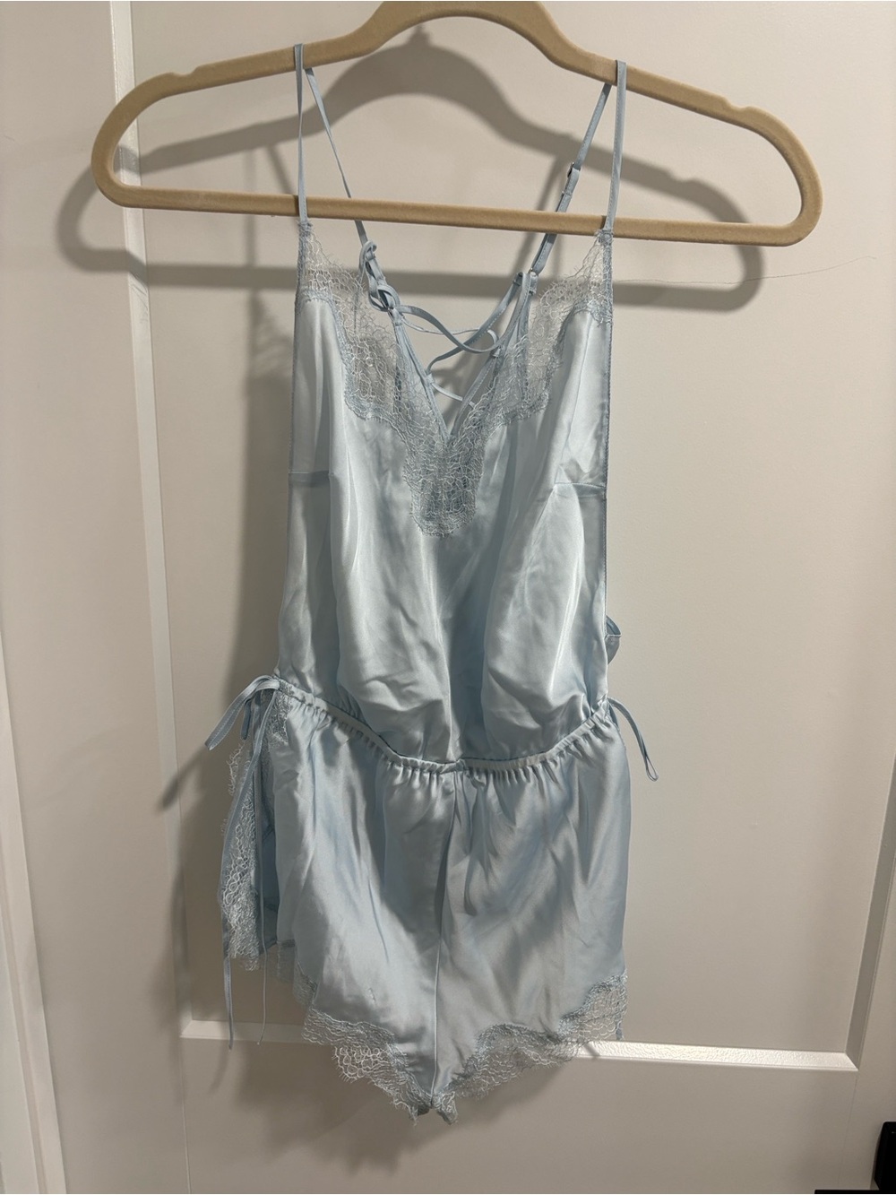 Victoria's Secret Light Blue Lace Trim Satin Pajama Top
